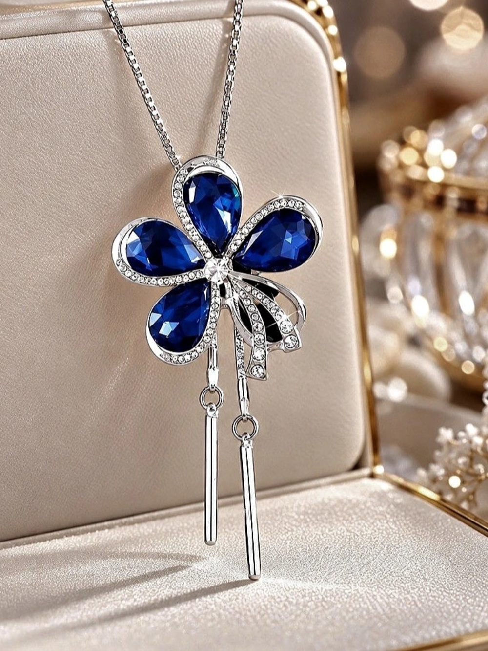 Blue Crystal Flower Pendant Long Sweater Necklace Silver Tone Tassel Statement